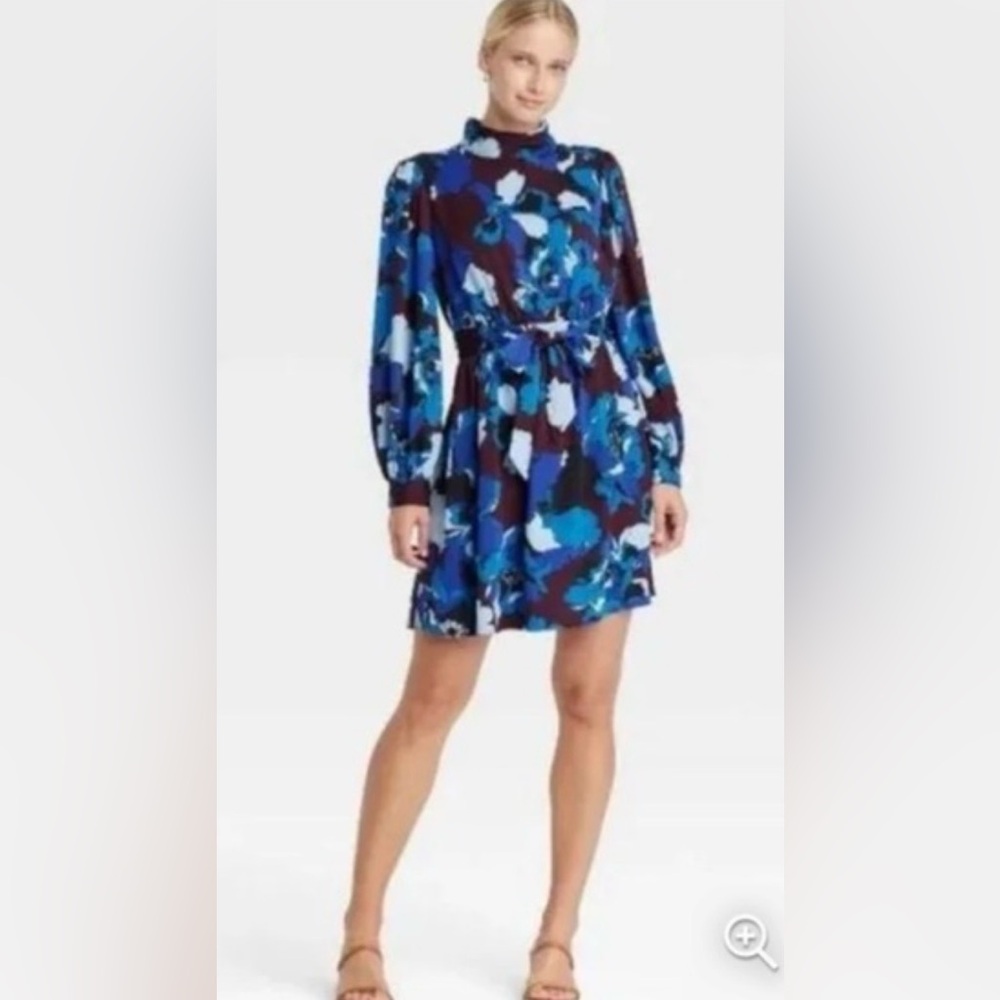 Who What Wear Blue and Black Floral Long Sleeve Dress